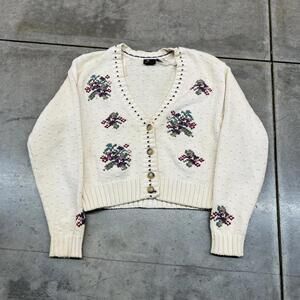 vintage white and navy flowered cardigan knit sweater size medium WOMENS